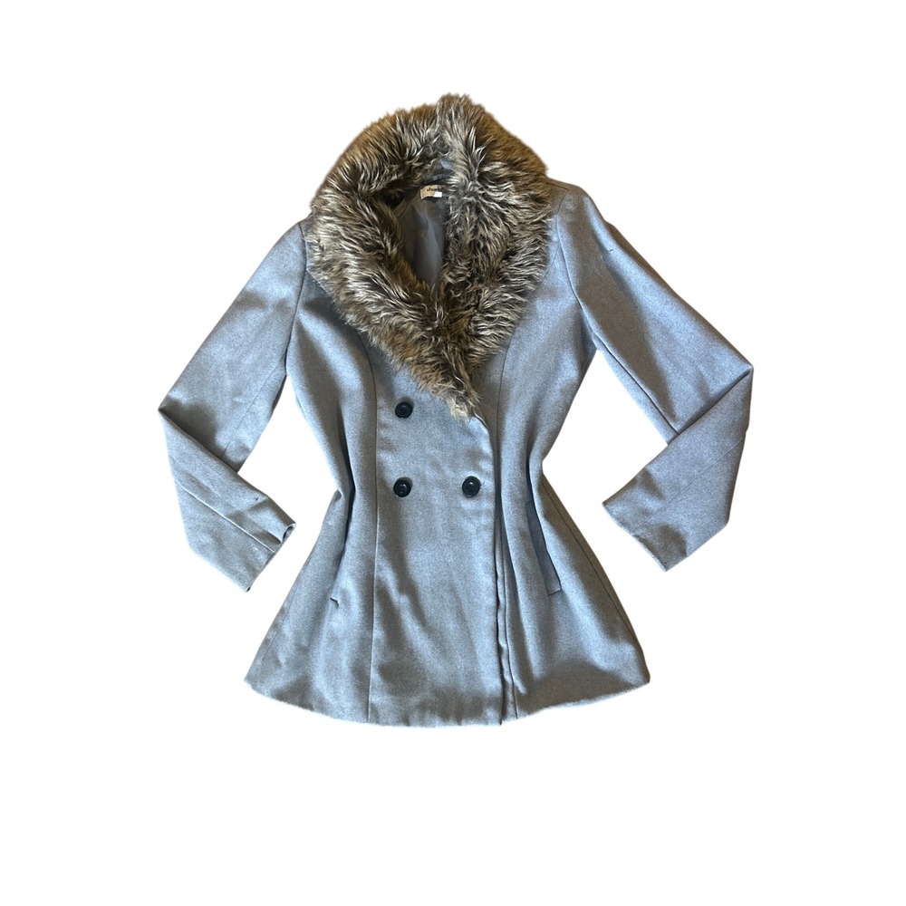 Charlotte Russe Gray Wool Blend Pea Coat Faux Fur Collar Large